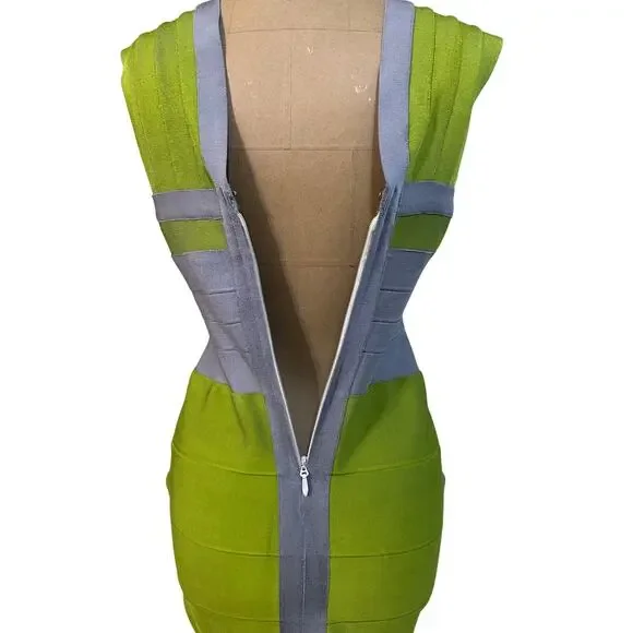 Herve Leger size Medium Mini Dress Spring 2010 Lime Green Color Block  Bandage Dresses